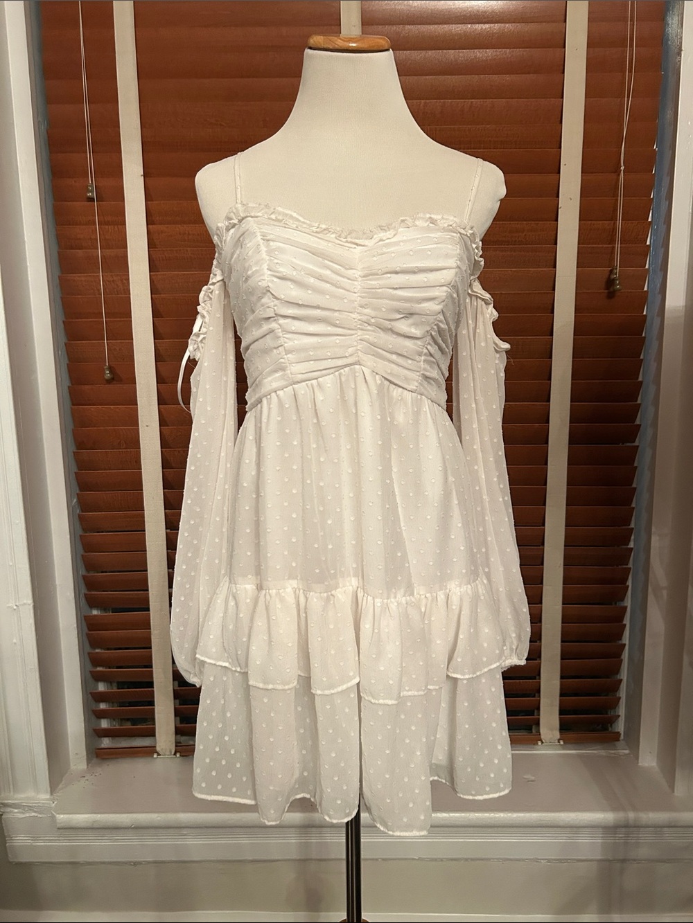 City Studio White Swiss Dot Cold-Shoulder Babydoll Dress